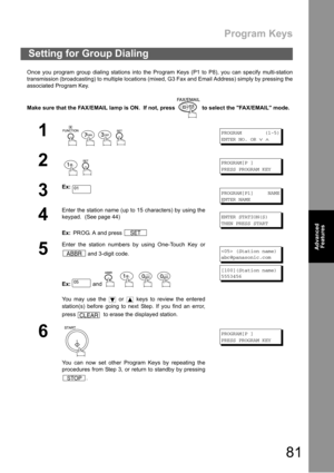 Page 81Program Keys
81
Advanced 
Features
Advanced 
Features
Once you program group dialing stations into the Program Keys (P1 to P8), you can specify multi-station
transmission (broadcasting) to multiple locations (mixed, G3 Fax and Email Address) simply by pressing the
associated Program Key.
Make sure that the FAX/EMAIL lamp is ON.  If not, press   to select the FAX/EMAIL mode.
Setting for Group Dialing
1
    
PROGRAM (1-5)
ENTER NO. OR
∨∧
2
 
PROGRAM[P ]
PRESS PROGRAM KEY
3
Ex:
PROGRAM[P1] NAME
E
NTER NAME...