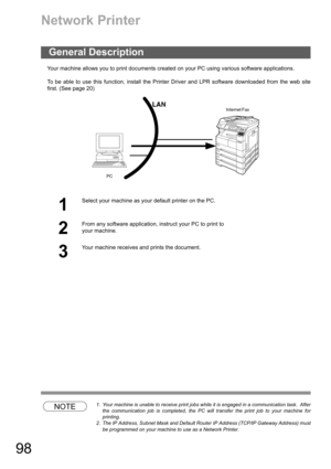 Page 9898
Network Printer
Your machine allows you to print documents created on your PC using various software applications.
To be able to use this function, install the Printer Driver and LPR software downloaded from the web site
first. (See page 20)
NOTE1. Your machine is unable to receive print jobs while it is engaged in a communication task.  After
the communication job is completed, the PC will transfer the print job to your machine for
printing.
2. The IP Address, Subnet Mask and Default Router IP...