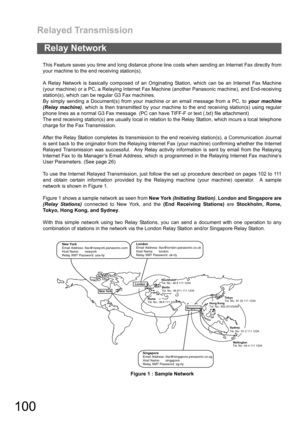 Page 100Relayed Transmission
100
This Feature saves you time and long distance phone line costs when sending an Internet Fax directly from
your machine to the end receiving station(s).
A Relay Network is basically composed of an Originating Station, which can be an Internet Fax Machine
(your machine) or a PC, a Relaying Internet Fax Machine (another Panasonic machine), and End-receiving
station(s), which can be regular G3 Fax machines.
By simply sending a Document(s) from your machine or an email message from a...
