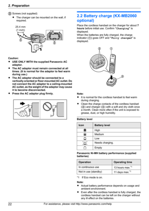 Page 22Screws (not supplied)
R The charger can be mounted on the wall, if
required.
Caution:
R USE ONLY WITH the supplied Panasonic AC
adaptor.
R The AC adaptor must remain connected at all
times. (It is normal for the adaptor to feel warm
during use.)
R The AC adaptor should be connected to a
vertically oriented or floor -mounted AC outlet. Do
not connect the AC adaptor to a ceiling -mounted
AC outlet, as the weight of the adaptor may cause
it to become disconnected.
R Press the AC adaptor plug firmly.
2.2...