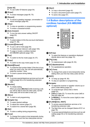 Page 9MCaller ID N
R To use Caller ID features (page 54).
MErase N
R To erase messages (page 69, 70).
MRecord N
R To record a greeting message, conversation or
memo message (page 69).
M Stop N
R To stop an operation or programming session.
R To erase a character/number.
MAuto Answer N
R To turn the auto answer setting ON/OFF
(page 62).
M Lower N
R To select station 4 -6 for the one -touch dial feature
(page 51, 58).
M Locator N/M Intercom N
R To put a call on hold (page 49).
R To make/answer intercom calls...