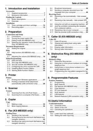 Page 5Table of Contents
5
1.  Ta ble of Contents1. Introduction and Installation
Accessories
1.1 Supplied accessories ....................................7
1.2 Accessory information ...................................7
Finding the Controls
1.3 Button descriptions ........................................8
1.4 Overview .......................................................9
Installation
1.5 Toner cartridge and drum cartridge .............10
1.6 Recording paper ..........................................13
2....