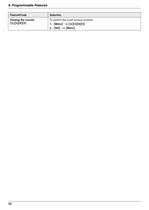 Page 589. Programmable Features
58
Viewing the counter
{#}{4}{8}{4}To confirm the count number of prints.
1.{Menu} i {#}{4}{8}{4}
2.{Set} i {Menu}
Feature/CodeSelection 