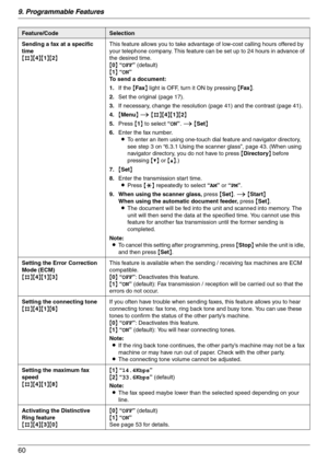 Page 609. Programmable Features
60
Sending a fax at a specific 
time
{#}{4}{1}{2}This feature allows you to take advantage of low-cost calling hours offered by 
your telephone company. This feature can be set up to 24 hours in advance of 
the desired time.
{0} “OFF” (default)
{1} “ON”
To send a document:
1.If the {Fax} light is OFF, turn it ON by pressing {Fax}.
2.Set the original (page 17).
3.If necessary, change the resolution (page 41) and the contrast (page 41).
4.{Menu} i {#}{4}{1}{2}
5.Press {1} to select...