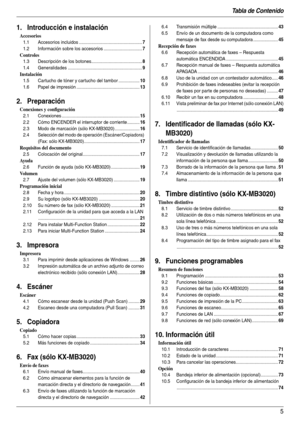 Page 5Tabla de Contenido
5
1.  Tabla de Contenido1. Introducción e instalación
Accesorios
1.1 Accesorios incluidos ...................................................7
1.2 Información sobre los accesorios ...............................7
Controles
1.3 Descripción de los botones.........................................8
1.4 Generalidades ............................................................9
Instalación
1.5 Cartucho de tóner y cartucho del tambor .................10
1.6 Papel de impresión...