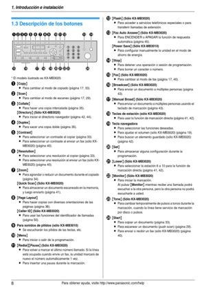 Page 81. Introducción e instalación
8Para obtener ayuda, visite http://www.panasonic.com/help
Controles
1.3 Descripción de los botones
* El modelo ilustrado es KX-MB3020.
A{Copy}
L
Para cambiar al modo de copiado (página 17, 33).
B{Scan}
L
Para cambiar al modo de escaneo (página 17, 29).
C{Collate}
L
Para hacer una copia intercalada (página 35).
{Directory} (Sólo KX-MB3020)
LPara iniciar el directorio navegador (página 42, 44).
D{Duplex}
L
Para sacar una copia doble (página 35).
E{Contrast}
L
Para seleccionar...