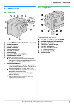 Page 91. Introducción e instalación
9Para obtener ayuda, visite http://www.panasonic.com/help
1.4 Generalidades
1.4.1 Vista frontal
1.4.2 Vista posterior
* El modelo ilustrado es KX-MB3020.
1Cubierta ADF (Alimentador automático de documentos)
2Guías del documento
3Bandeja de documentos
4Salida de documentos
5Cubierta de documentos
6Entrada de documentos
7Cubierta izquierda
8Palanca para abrir la cubierta izquierda
9Bandeja normal de entrada
jSalida de documentos impresos
LLa unidad puede alojar hasta...