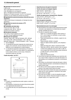 Page 9814. Información general
98
Cuadro de prueba 1 de ITU-T
Nota:
LEl diseño y las especificaciones están sujetos a cambio sin 
previo aviso.
LLas fotografías e ilustraciones de estas instrucciones pueden 
variar ligeramente del producto real.
LLa exactitud del reloj es de aproximadamente ±60 segundos 
al mes.
Especificaciones del papel de impresión
Tamaño del papel normal/papel delgado:
Carta: 216 mm × 279 mm (81/2 × 11)
Oficio: 216 mm 
× 356 mm (81/2 × 14)
A4: 210 mm 
× 297 mm (81/4 × 1111/16)
Tamaño de...