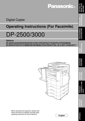 Page 1English
Operating Instructions (For Facsimile)
Digital Copier
Before operating this equipment, please read 
these instructions completely and keep these 
operating instructions for future reference.
DP-2500/3000
Options
DA -AR 25 0/A S20 0/D S2 00 /D S205 /D S21 0/DS 21 5/F G 230 /F G2 31 /F K 200 /F K 210 /FS 20 0/M D2 00
DA-NE200/PC200/PC210/SM08B/SM16B/SM28B/UC200/XN200/XT200; UE-410047/410048/403171
GETTING TO 
KNOW YOUR 
MACHINE
INSTALLING 
YOUR MACHINE
PROGRAMMING 
YOUR MACHINE
BASIC
OPERATIONS...