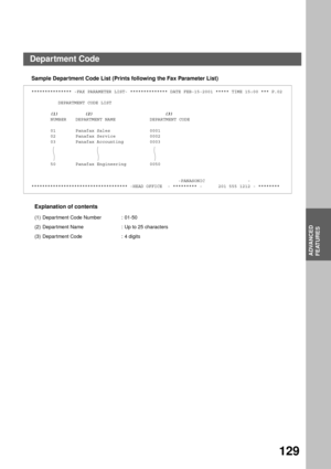 Page 131ADVANCED FEATURES
ADVANCED
FEATURES
129
Sample Department Code List (Prints following the Fax Parameter List)
Explanation of contents
*************** -FAX PARAMETER LIST- ************** DATE FEB-15-2001 ***** TIME 15:00 *** P.02
          DEPARTMENT CODE LIST
       (1)          (2)                           (3)
NUMBER DEPARTMENT NAME DEPARTMENT CODE
01 Panafax Sales 0001       
02 Panafax Service 0002       
03 Panafax Accounting 0003
50 Panafax Engineering 0050...