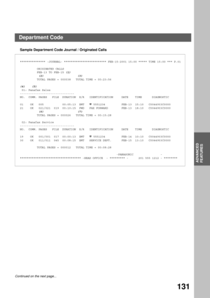 Page 133ADVANCED FEATURES
ADVANCED
FEATURES
131
Sample Department Code Journal / Originated Calls
Continued on the next page...
*************** -JOURNAL- ************************* FEB-15-2001 15:00 ***** TIME 15:00 *** P.01
          ORIGINATED CALLS          
          FEB-13 TO FEB-15 (1)           
           (2)                    (3)          
          TOTAL PAGES = 000038   TOTAL TIME = 00:23:56
(4)    (5) 
 01: Panafax Sales
--------------------------------
NO.  COMM. PAGES   FILE  DURATION  X/R...