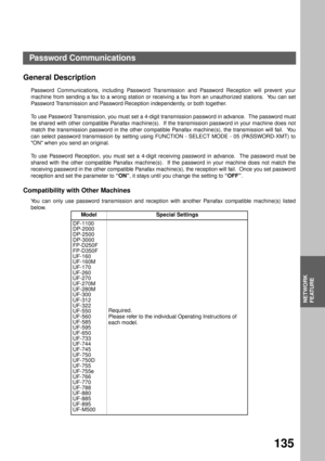 Page 137NETWORK FEATURE
NETWORK
FEATURE
135
Password Communications
General Description
Password Communications, including Password Transmission and Password Reception will prevent your
machine from sending a fax to a wrong station or receiving a fax from an unauthorized stations.  You can set
Password Transmission and Password Reception independently, or both together.
To use Password Transmission, you must set a 4-digit transmission password in advance.  The password must
be shared with other compatible...