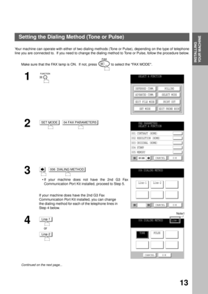 Page 15INSTALLING 
YOUR MACHINE
13
Installing Your Machine
Setting the Dialing Method (Tone or Pulse)
Your machine can operate with either of two dialing methods (Tone or Pulse), depending on the type of telephone
line you are connected to.  If you need to change the dialing method to Tone or Pulse, follow the procedure below.
Make sure that the FAX lamp is ON.  If not, press   to select the FAX MODE.
1
  
2  
3     
If your machine does not have the 2nd G3 Fax
Communication Port Kit installed, proceed to Step...