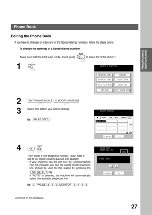 Page 29PROGRAMMING YOUR MACHINE
PROGRAMMING 
YOUR MACHINE
27
Editing the Phone Book
If you have to change or erase any of the Speed dialing numbers, follow the steps below.
To change the settings of a Speed dialing number
Make sure that the FAX lamp is ON.  If not, press   to select the FAX MODE.
1
 
2  
3
Select the station you wish to change.
Ex:
4
  
Then enter a new telephone number.  (See Note 1)
(Up to 36 digits including pauses and spaces)
If your machine has the 2nd G3 Fax Communication
Por t Kit...