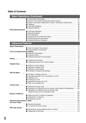 Page 4Ta b l e  o f  C o n t e n t s
2
Transmission Reservation ............................................................................. 61
Memory Transmission Reservation (Multi-Tasking)  ...................................... 61
Direct Transmission Reservation (Priority Transmission Reservation)  ......... 63
Redialing ....................................................................................................... 65
Automatic Redialing...