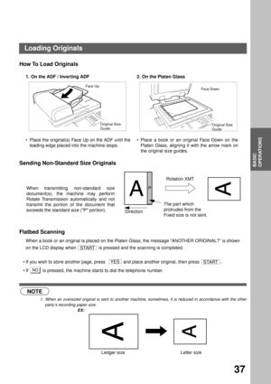 Page 39BASIC
OPERATIONS
37
Basic Operations
Loading Originals
How To Load Originals
Sending Non-Standard Size Originals
Flatbed Scanning
When a book or an original is placed on the Platen Glass, the message “ANOTHER ORIGINAL?” is shown
on the LCD display when   is pressed and the scanning is completed.
If you wish to store another page, press    and place another original, then press  .
If   is pressed, the machine star ts to dial the telephone number.
 (see Note 1)1. On the ADF / Inverting ADF 2. On the...