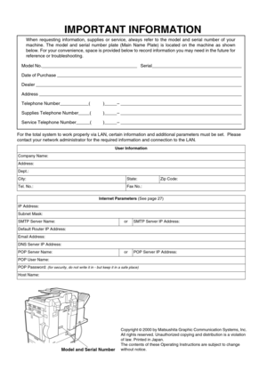 Page 2IMPORTANT INFORMATION
Model No.                                                                                        Serial                                                                                
Date of Purchase                                                                                                                                                                      
Dealer...