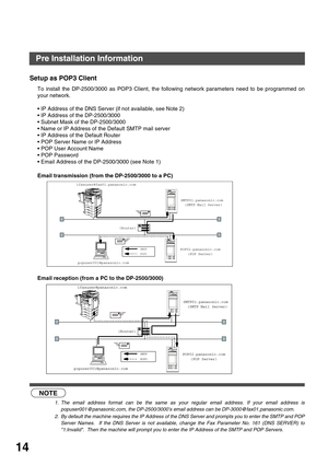 Page 14GETTING TO KNOW YOUR MACHINE
14
Setup as POP3 Client
To install the DP-2500/3000 as POP3 Client, the following network parameters need to be programmed on
your network.
 IP Address of the DNS Server (if not available, see Note 2)
 IP Address of the DP-2500/3000
 Subnet Mask of the DP-2500/3000
 Name or IP Address of the Default SMTP mail server
 IP Address of the Default Router
 POP Server Name or IP Address
 POP User Account Name
 POP Password
 Email Address of the DP-2500/3000 (see Note 1)...