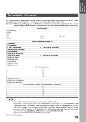 Page 15GETTING TO KNOW YOUR MACHINEGETTING TO 
KNOW YOUR 
MACHINE
15
For the total system to work properly via LAN, certain information and additional parameters must be set.  Please
contact your network administrator for the required information and connection to the LAN.
Important:Make a copy of this page and ask the Network Administrator to complete the required information.  After its
returned, transfer the information to the back side of the front cover for future reference and troubleshooting.
 (see Note...