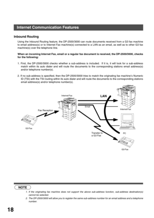 Page 18GETTING TO KNOW YOUR MACHINE
18
Inbound Routing
Using the Inbound Routing feature, the DP-2500/3000 can route documents received from a G3 fax machine
to email address(s) or to Internet Fax machine(s) connected to a LAN as an email, as well as to other G3 fax
machine(s) over the telephone line.
When an incoming Internet Fax, email or a regular fax document is received, the DP-2500/3000, checks
for the following:
1. First, the DP-2500/3000 checks whether a sub-address is included.  If it is, it will look...