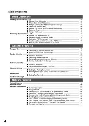 Page 4Table of Contents
4
Sending Documents via LAN ................................................................................................................... 59
Manual Email Addressing  ............................................................................. 60
Phone Book Email Addressing ...................................................................... 63
Multiple Email Station Addressing (Broadcasting)  ........................................ 65
Selectable Domains Key...