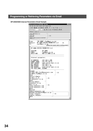 Page 34INSTALLING YOUR MACHINE
34
DP-2500/3000 Internet Parameters Email Sample
(1)
(2)
(3)
(5)
(6)
[Delete this header before sending email.] 
(4)
Programming or Retrieving Parameters via Email 