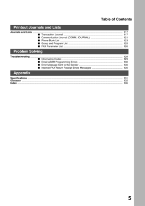 Page 5Table of Contents
5
Journals and Lists .................................................................................................................................... 117
Transaction Journal ....................................................................................... 117
Communication Journal (COMM. JOURNAL)  ............................................... 121
Phone Book List  ............................................................................................ 123
Group and...