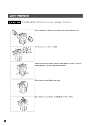 Page 8GETTING TO KNOW YOUR MACHINE
8
denotes hazards that could result in minor injury or damage to the machine.CAUTION!
Do not install the machine near heating or an air conditioning unit.
Avoid exposure to direct sunlight.
Install the machine on a flat surface, leave at least 4 inches (10 cm) of 
space between the machine and other objects.
Do not block the ventilation openings.
Do not place heavy objects or spill liquids on the machine.
Safety Information 