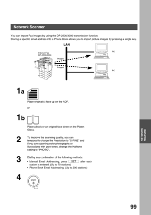 Page 99NETWORK
FEATURE
99
Network Features
Network Scanner
You can import Fax images by using the DP-2500/3000 transmission function.
Storing a specific email address into a Phone Book allows you to import picture images by pressing a single key. 
   
1a
Place original(s) face up on the ADF.
or
1b
Place a book or an original face down on the Platen 
Glass.
2
To improve the scanning quality, you can 
temporarily change the Resolution to S-FINE and 
if you are scanning color photographs or 
illustrations with...