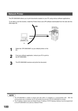Page 100NETWORK FEATURE
100
Network Printer
The DP-2500/3000 allows you to print documents created on your PC using various software applications.
To be able to use this function, install the Printer Driver and LPR software downloaded from the web site first.
(See page 20)
 (see Note 1)   (see Note 2)
1
Select the DP-2500/3000 as your default printer on the 
PC.
2
From any software application, instruct your PC to print to 
the DP-2500/3000.
3
The DP-2500/3000 receives and prints the document.
NOTE
1. The...
