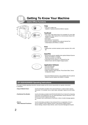 Page 22
Getting To Know Your Machine
Useful Office Functions
Copy
•Copy up to Ledger size.
Capable of copying text/photos/halftone originals.
Fax/Email
•Plain Paper High-speed Super G3 compatible Fax with JBIG
compression when optional Fax Communication Board (DA-
FG600) is installed.
•Quick-Scan
•Quick Memory Transmission
•Email Function capability when optional Internet Fax/
E-Mail Module (DA-NF600) is installed.
Print
•Digital printer controller standard, printer resolution 300 or 600
dpi.
Scan/File...