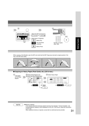 Page 3131
Making Copies
Adjust the Manual Exposure
  or  
Select type of Original(s)
Mainly Text
Text and Photo
combined
Mainly Photo
Number of Copies
(Max. 999)
NOTE●Memory Capacity:
If the memory becomes full during original scanning, the message  “Cannot Complete / Job
Exceeds Memory Capacity” will be displayed on the LCD. If this occurs, follow the instructions
on the LCD.
When additional memory is required, consult with an authorized service provider.
■ Copying on Heavy Paper (Post Cards, etc.) (35 lb...