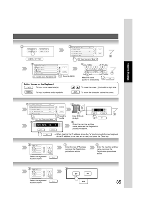 Page 3535
Making Copies
Scroll to 08/09
To input upper case letter(s).
To input numbers and/or symbols.To move the cursor (_) to the left or right side.
To erase the character before the cursor. Machine name
(up to 15 characters)
Button Names on the Keyboard
Input ID Code
(4-digit)Scroll to
04/04
Enter the machine and key
name, same as the Registration
procedures above.
Select the registered
machine name
Enter the new IP Address,
same as the Registration
procedures above.Enter the machine and key
name, same as...