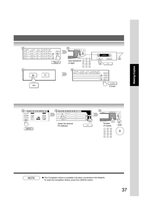 Page 3737
Making Copies
Input password
(4-digit)
2 times
Select the desired
PC AddressNumber
of Copies
NOTE●This Completion Notice is available only when connected to the Network.
To reset the Completion Notice, press the CANCEL button.
23
4
56
345 