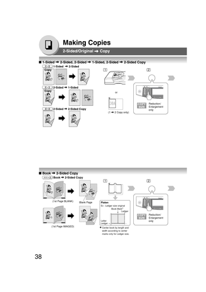 Page 3838
Making Copies
2-Sided/Original  Copy
■ 1-Sided  2-Sided, 2-Sided  1-Sided, 2-Sided  2-Sided Copy
   1-Sided   2-Sided
Copy
   2-Sided 
 1-Sided
Copy
   2-Sided 
 2-Sided Copy
or
Reduction/
Enlargement
only
■ Book  2-Sided Copy
   Book  2-Sided Copy
Reduction/
Enlargement
only (1st Page BLANK)
(1st Page IMAGED)
Platen
Ex : Ledger size original
Letter
LedgerLedger
(1  2 Copy only)
12
12
Blank Page
Book Mark∗
∗ ∗∗ ∗
∗Center book by length and
width according to center
marks only for Ledger size. 