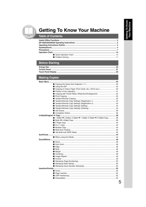Page 55
Getting To Know
Your Machine
Getting To Know Your Machine
Table of Contents
Useful Office Functions .................................................................................................................. 2
DP-3520/4520/6020 Operating Instructions .................................................................................. 2
Operating Instructions Outline ...................................................................................................... 3
Symbols/Icons...