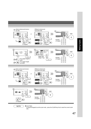 Page 4747
Making Copies
or Same vertical and horizon-
tal ratio
25% - 400%
or
or KeypadDifferent vertical and
horizontal ratio
25% - 400%
or
or Keypad
or
Number
of Copies
Number
of CopiesFit to paper length or
width
Fit to paper length
and width
Paper Size
(Paper Tray)
or Same vertical and horizon-
tal void value
5 - 99 mm
or
or KeypadDifferent vertical and
horizontal void value
5 - 99 mm
or
or Keypad
or
Number
of Copies
Number
of Copies5 - 99 mm
or
or Keypad
NOTE●Zoom Ratio
If using the keypad to set the zoom...
