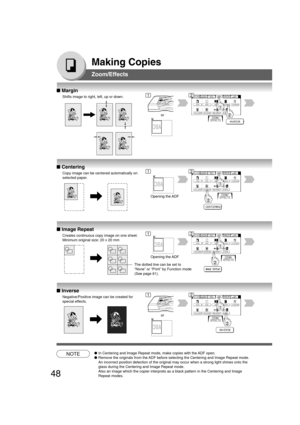 Page 4848
Making Copies
Zoom/Effects
■ Margin
Shifts image to right, left, up or down.
or
■ Centering
Copy image can be centered automatically on
selected paper.
Opening the ADF
■ Image Repeat
Creates continuous copy image on one sheet.
Minimum original size: 20 x 20 mm
Opening the ADF
The dotted line can be set to
“None” or “Print” by Function mode
(See page 61).
■ Inverse
Negative/Positive image can be created for
special effects.
or
NOTE●In Centering and Image Repeat mode, make copies with the ADF open....