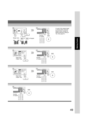Page 4949
Making Copies
or
Number
of Copies
or Keypad Margin area5 - 99 mm
If a part of the copied image
is missing when using the
Margin mode, change the
Margin Reduction setting to
Yes. (See page 61)
Number
of CopiesPaper Size
(Paper Tray)
Number
of CopiesPaper Size
(Paper Tray)
Number
of Copies
34
34
34
3 