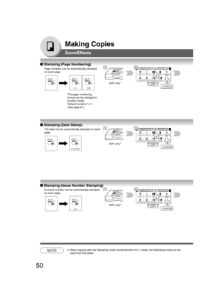 Page 5050
Making Copies
Zoom/Effects
■ Stamping (Page Numbering)
Page numbers can be automatically stamped
on each page.
1/8-1-
ADF only∗
■ Stamping (Date Stamp)
The date can be automatically stamped on each
page.
ADF only∗
■ Stamping (Issue Number Stamping)
An issue number can be automatically stamped
on each page.
ADF only∗
01/05/2003
001
NOTE∗When copying with the Stamping mode combined with N in 1 mode, the Stamping mode can be
used from the platen. The page numbering
format can be changed in
function...