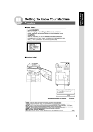 Page 77
Getting To Know
Your Machine
Getting To Know Your Machine
Precautions
■ Laser Safety
■ Caution Label
LASER SAFETY
This unit employs a laser. Only qualified service personnel
should attempt to service this device due to possible eye injury.
CAUTION:
USE OF CONTROLS, ADJUSTMENTS OR PERFORMANCE
PROCEDURES OTHER THAN THOSE SPECIFIED HEREIN MAY
RESULT IN HAZARDOUS RADIATION EXPOSURE.
Manufacturer’s Name and Address Factory ID 
