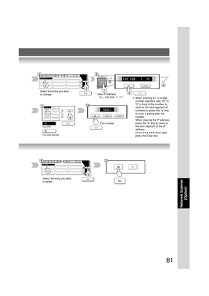 Page 8181
Network Scanner
(Option)
New IP Address
   Ex.: 192.168.  1. 11∗
For PC
For DD Server
Port number
Select the entry you wish
to change
∗When entering a 1 or 2-digit
number segment, add “00” or
“0” in front of the number, to
scroll to the next segment of
numbers or press the “
” key
to enter a period after the
number.
When clearing the IP address,
press the 
 key to move to
the next segment of the IP
address
(
∗∗∗.∗∗∗.∗∗∗.∗∗∗) and
press the Clear key.
Select the entry you wish
to delete
45
6
910
45 