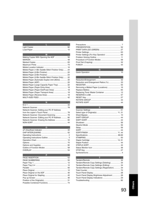 Page 9393
Others
L
Light Copies ................................................................ 82
Load Paper .................................................................. 10
M
Making Copies With Opening the ADF ....................... 56
MARGIN ...................................................................... 48
Marked Copies ............................................................ 83
Maximum Prints .......................................................... 73
Misfed Location Indicator...