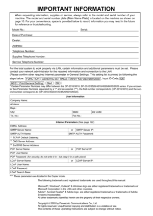 Page 2IMPORTANT INFORMATION
Model No.:                                                                                       Serial:                                                                               
Date of Purchase:                                                                                                                                                                     
Dealer:...