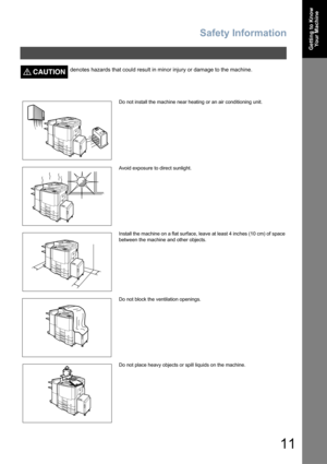 Page 11Safety Information
11
Getting to Know
Your Machine
CAUTION!denotes hazards that could result in minor injury or damage to the machine.
Do not install the machine near heating or an air conditioning unit.
Avoid exposure to direct sunlight.
Install the machine on a flat surface, leave at least 4 inches (10 cm) of space
between the machine and other objects.
Do not block the ventilation openings.
Do not place heavy objects or spill liquids on the machine. 