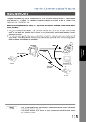 Page 115Internet Communication Features
115
Internet Fax
Features
Using the Inbound Routing feature, your machine can route documents received from a G3 fax machine to
email address(s) or to Internet Fax machine(s) connected to a LAN as an email, as well as to other G3 fax
machine(s) over the telephone line.
When an incoming Internet Fax, Email or a regular Fax document is received, your machine checks
for the following:
1. First, your machine checks whether a sub-address is included.  If it is, it will look for...
