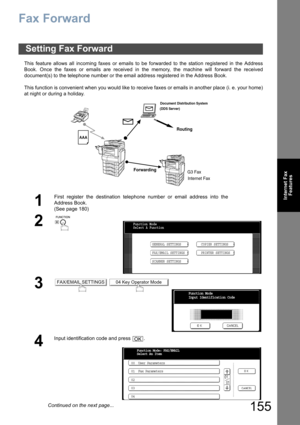 Page 155155
Internet Fax
Features
Fax Forward
This feature allows all incoming faxes or emails to be forwarded to the station registered in the Address
Book. Once the faxes or emails are received in the memory, the machine will forward the received
document(s) to the telephone number or the email address registered in the Address Book.
This function is convenient when you would like to receive faxes or emails in another place (i. e. your home)
at night or during a holiday.
Setting Fax Forward
1
First register...