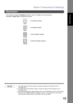 Page 19Basic Transmission Settings
19
Before Starting
Your machine is preset to Standard resolution, which is suitable for most documents.
Use Fine or Super Fine for detailed documents. 
NOTE1. To change the preset Contrast position, change the setting of Fax Parameter No. 01.
 (See page 190) 
2. To change the preset Resolution position, change the setting of Fax Parameter No. 02.
 (See page 190)
3. If you send a photographic original with gray tones, set the Resolution to Fine or S-Fine (406 x 
391 dpi) and...
