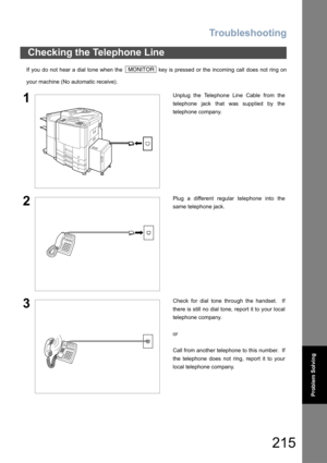 Page 215Troubleshooting
215
Problem Solving
If you do not hear a dial tone when the   key is pressed or the incoming call does not ring on
your machine (No automatic receive).
Checking the Telephone Line
1Unplug the Telephone Line Cable from the
telephone jack that was supplied by the
telephone company.
2Plug a different regular telephone into the
same telephone jack.
3Check for dial tone through the handset.  If
there is still no dial tone, report it to your local
telephone company.
or
Call from another...