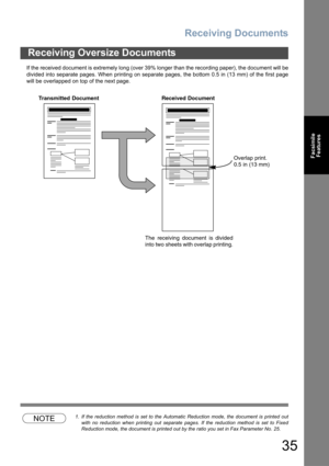 Page 35Receiving Documents
35
Facsimile
Features
If the received document is extremely long (over 39% longer than the recording paper), the document will be
divided into separate pages. When printing on separate pages, the bottom 0.5 in (13 mm) of the first page
will be overlapped on top of the next page.
NOTE1. If the reduction method is set to the Automatic Reduction mode, the document is printed out
with no reduction when printing out separate pages. If the reduction method is set to Fixed
Reduction mode,...